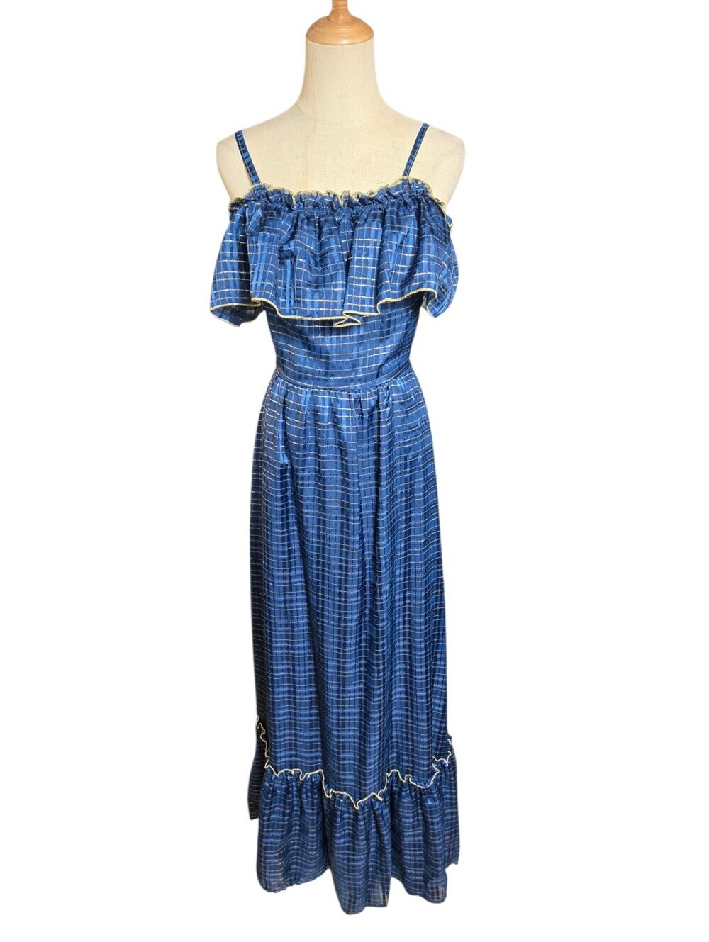 E & M Augustat Vintage Blue And Gold Off-Shoulder Maxi Dress